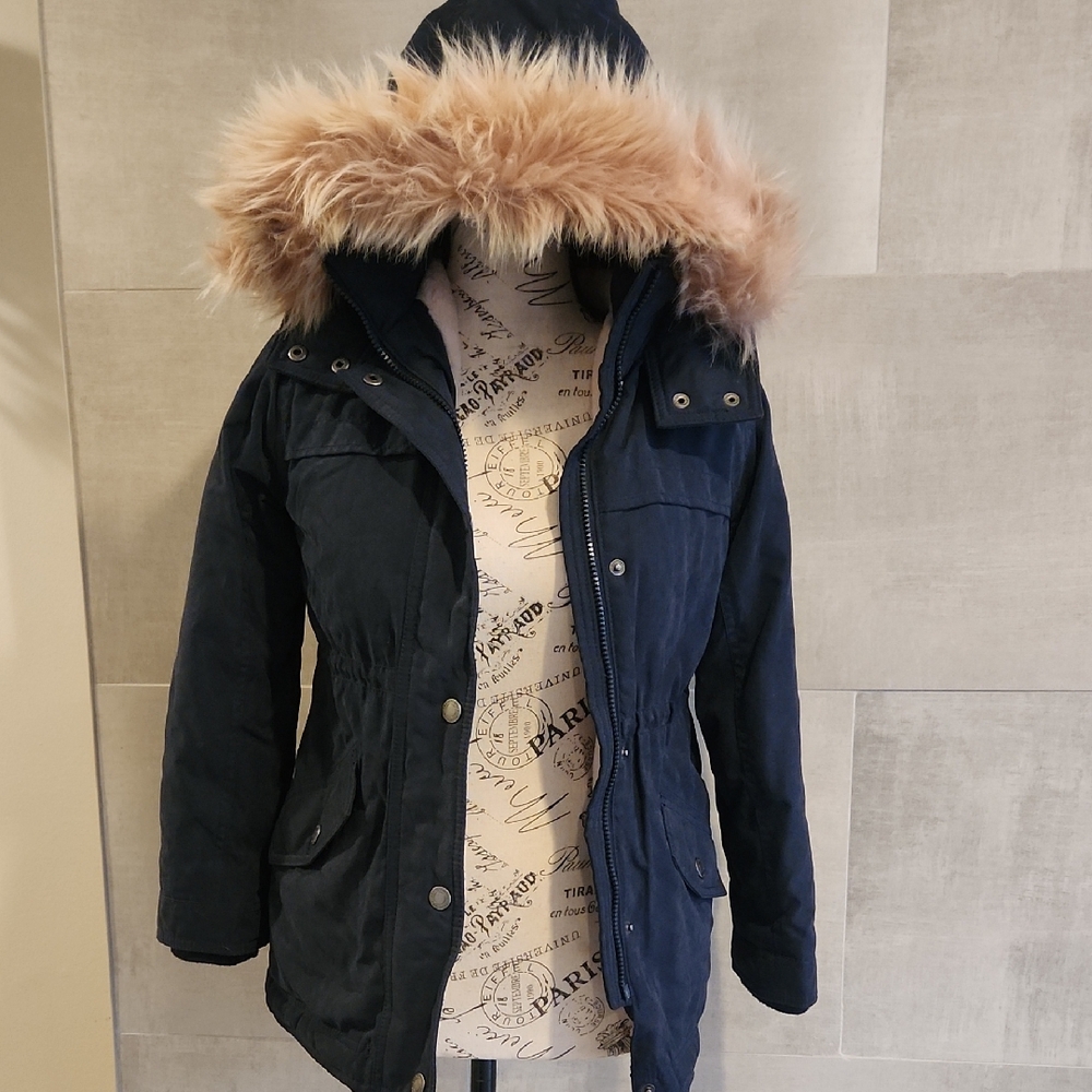 Abercrombie & Fitch Kids Navy Puffer Coat with Faux Fur Hood